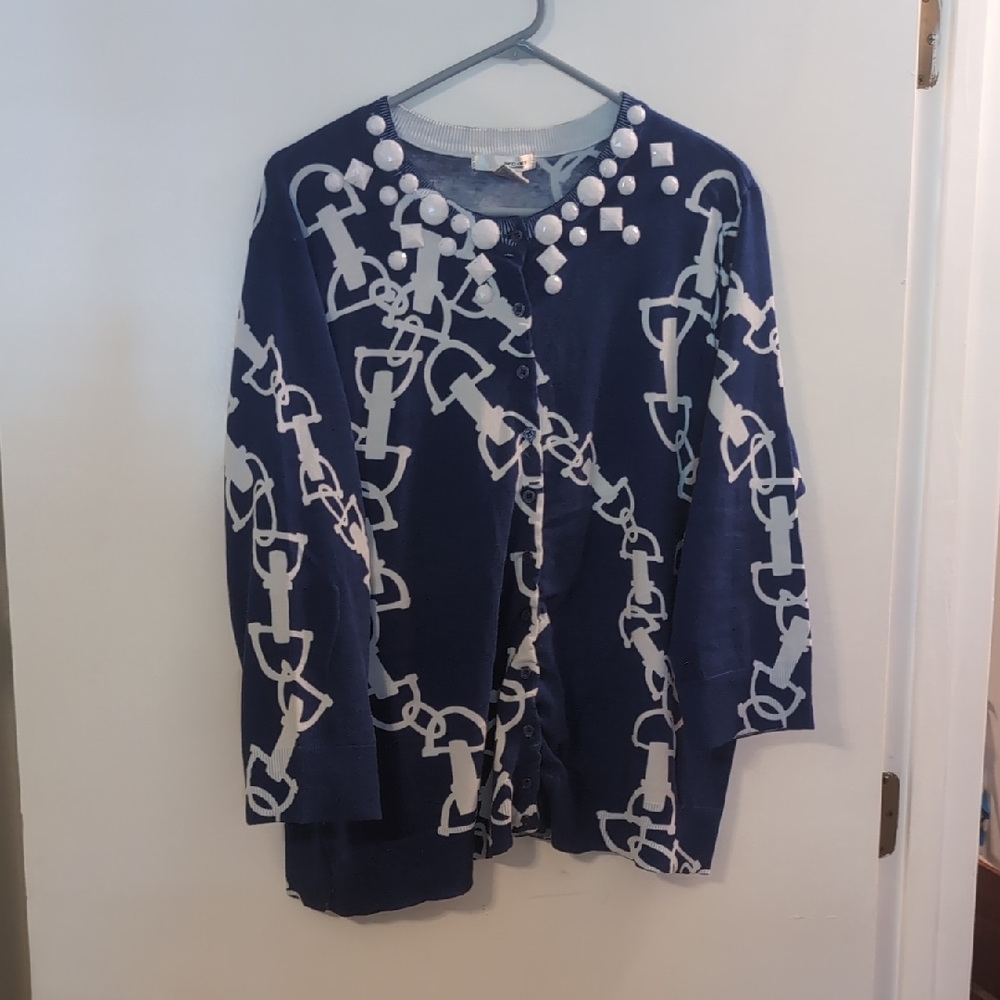 WD.NY Blue and White Patterned Cardigan With Embellishments